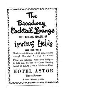 Vintage 1958 Hotel Astor Broadway Cocktail Lounge Print Ad Irving Fields Trio